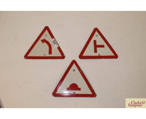 Three small enamel triangular road signs, previously used in India 
