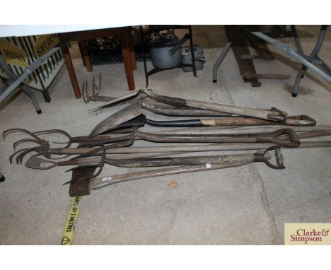 A quantity of long handled garden tools including an axe, forks, pitch forks, spade etc. 