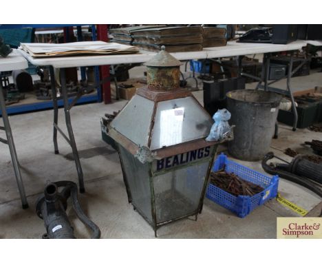 A Victorian glazed lamp post light canopy with name for Bealings AF