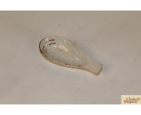 A rare 19th Century pottery advertising Cod Liver Oil measuring spoon for R Thomson Chemist of Elgin