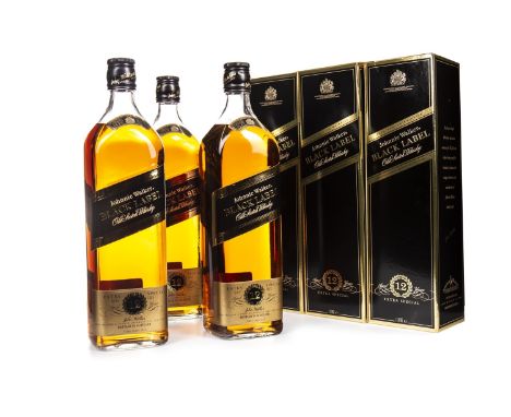 JOHNNIE WALKER BLACK LABEL AGED 12 YEARS - ONE LITRE (3) Blended Scotch Whisky One litre, 43% volume, in carton. Three bottle