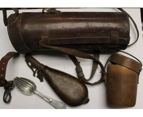 Hunting & Shooting interest: a leather shot pouch a/f: a leather cup holder: a leather bottle holder with sling: a clip toget