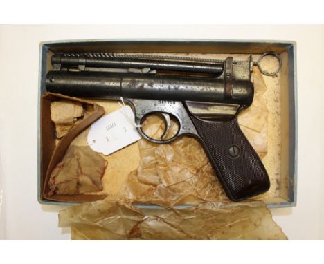 Webley Senior .22 Air Pistol in original cardboard box. Serial number S17758. Complete with some cleaning tools and instructi