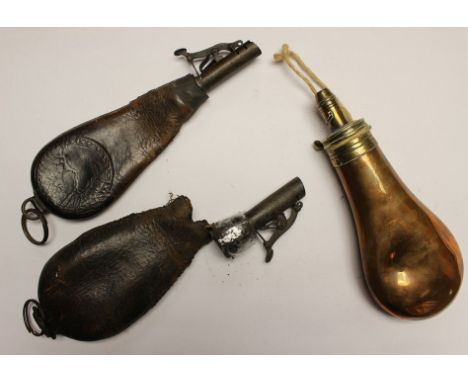 A brass powder flask (no makers marks) and two leather shot flasks (Both a/f)