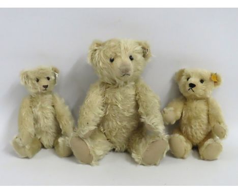 Three Steiff teddy bears including two vintage replicas by Steiff, largest 330mm