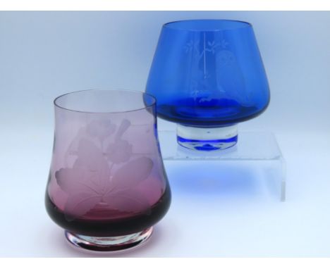A pair of Caithness etched art glass vases, blue owl & aubergine primrose, 136mm tall