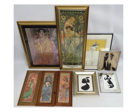 Nine art nouveau framed pictures including three tiles, after Mucha, klimt & Beardsley, largest 980mm tall x 380mm wide