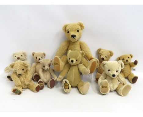 Nine Merrythought teddy bears including Harrods & growler, largest 420mm