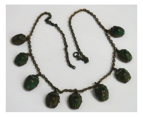 A 19thC. gilt scarab beetle necklace, chain a/f, 410mm long