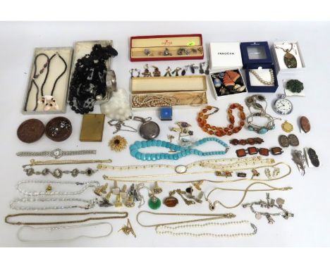 A 19thC. brooch a/f, a silver compact with chain, a top wind Ingersol pocket watch, running, a turquoise necklace, silver bel