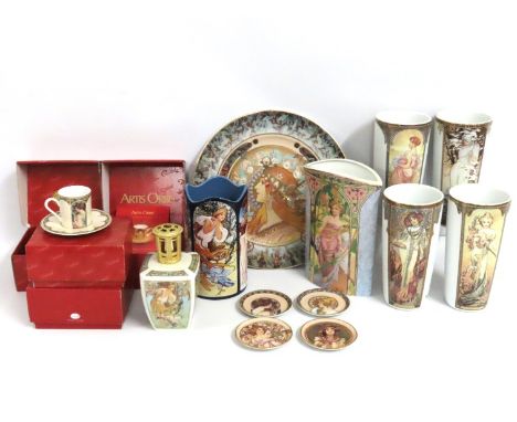 A quantity of Goebel Mucha themed ceramic items including a lamp, mostly boxed 