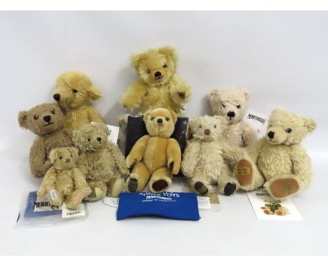 Nine Merrythought teddy bears including Harrods, Mini Edward & growler, largest 360mm
