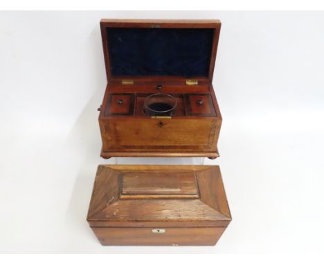 A 19thC. tea caddy with glass mixing jar 305mm wide x 170mm deep x 165mm high, twinned with a sarcophagus shaped caddy lackin