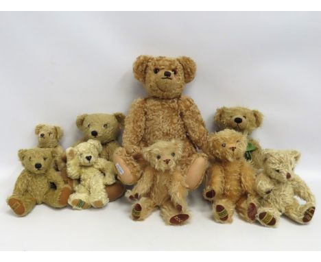 Six Merrythought teddy bears, one Deb Canham & two Farnell's including Harrods, largest 480mm
