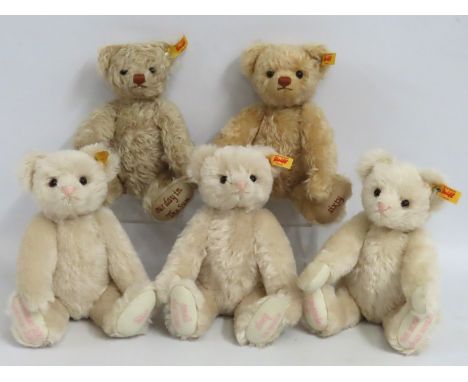Five Steiff teddy bears with personalised embroidered motto's to feet, largest 280mm