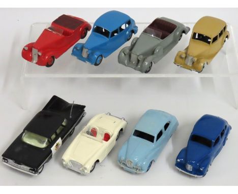 Six Dinky diecast model cars to include Austin Devon, Austin Somerset, two Triumph Lagonda & Sunbeam Talbot twinned with Corg