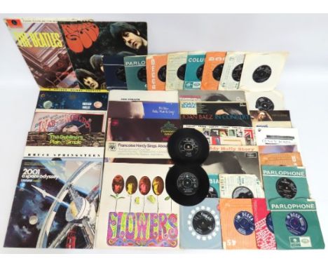 A selection of vinyl LP's including two Beatles, Rolling Stones, two Joan Baez, The Dubliners & a number of vinyl singles inc