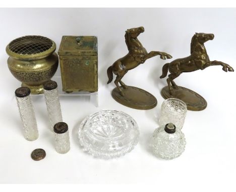 A pair of brass horse bookends, a selection of silver topped glass jars, a brass caddy & other items