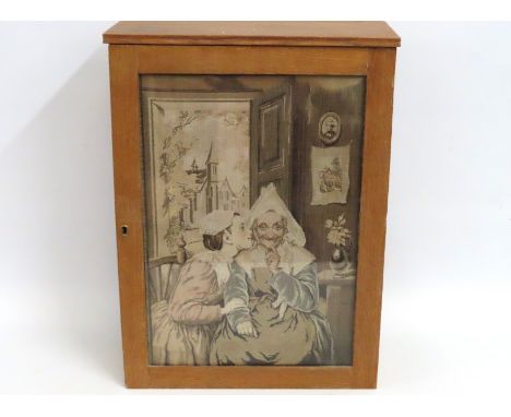 An oak cupboard with internal shelf & drawer with glazed tapestry door, 540mm high x 400mm wide x 170mm deep