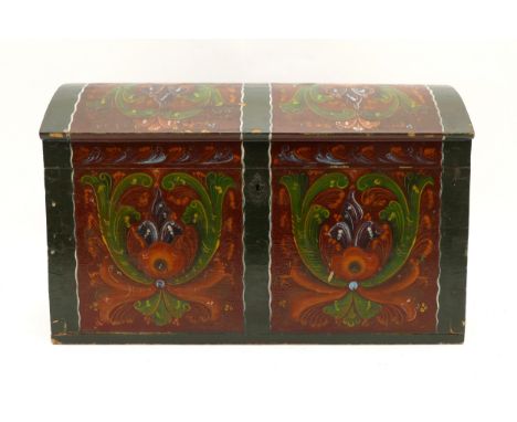 A Scandinavian Folk Art handpainted "Marriage Box" late 19th Century with a domed top and small lidded interior compartment, 