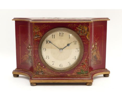 A French Chinoiserie mantel clock, burgundy field with raised figures and buildings, 23 x 14.5cm.Working when catalogued