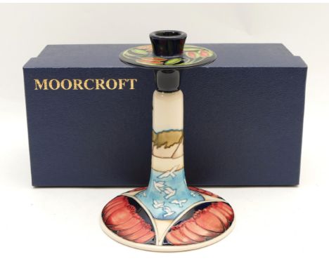A Moorcroft Trial candlestick holder, depicting gulls over a bay with a floral border, designed by Paul Hilditch, dated 2013,