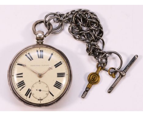 A Victorian silver 'Improved Patent' key wind open face pocket watch, London 1881, white enamel two part dial, 52mm, with met