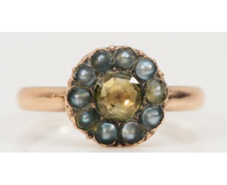 A 9ct rose gold Victorian seed pearl and yellow topaz cluster ring, 10mm ring front, M, 2.3g