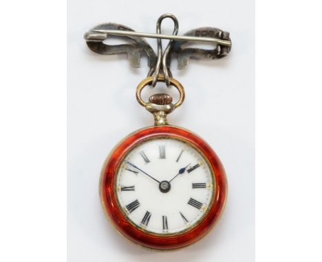 An Edwardian silver gilt and red guilloche enamel keyless wind ladies fob watch, London import 1908, white glass dial with Ro