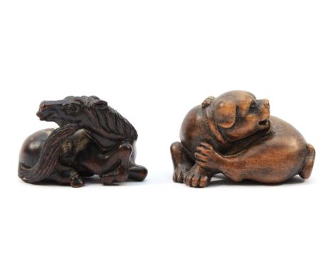 A Japanese Meiji period netsuke of a recumbent horse, black glass eyes, inset signature, 4.5cm and another of a recumbent dog