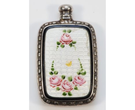 A sterling silver and guilloche enamel scent bottle, stamped STERLING, with rose decoration, 4.5 x 3cm, 11gm