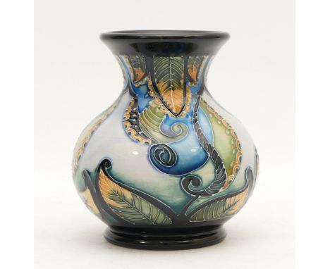 A Moorcroft vase, depicting curled leaves that create a paisley effect, designed by Emma Bossons, dated 2010, H-10cm. Conditi