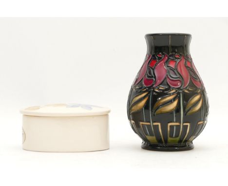 A Moorcroft vase, in the pattern, 'Night Rose', dated 2009, H-10cm, boxed, together with a cream Moorcroft trinket dish with 