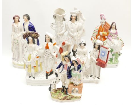 Five Staffordshire Pottery flatback figure groups, to include, a depiction of a musical duo with the lady holding an accordio