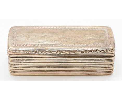 A Victorian silver castle top snuff box, by WP, London 1843, depicting a town scene, ribbed body8 x 3.5 x 2.5cm, 91gm, later 