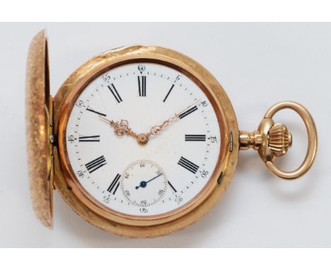 Monard, Geneve, a 14K gold key wind full hunter pocket watch, the white enamel dial with gold ornate hands, Roman numerals an