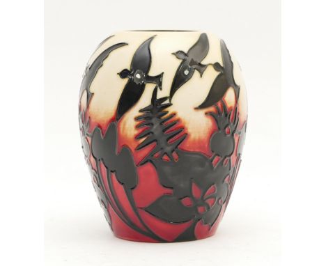 A Moorcroft vase, depicting birds set against a cream and burgundy backdrop, entitled 'End of Day', limited edition, 2/3, des