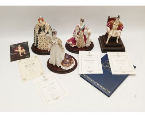 Four Royal Worcester limited edition figurines, depicting British monarchs; King Henry VIII, 131/4500, Queen Elizabeth I, 101