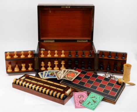 Victorian burr walnut games compendium, complete with chess/backgammon board and horse racing game, thirty-two chess pieces, 