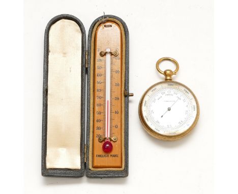 A brass compensated pocket barometer, together with a cased thermometer (2)