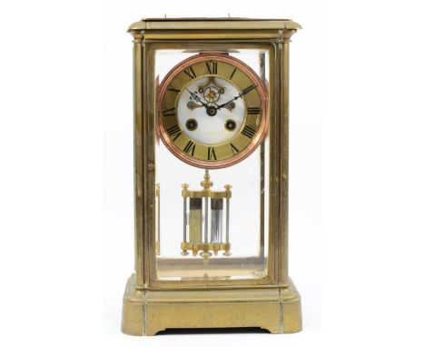 Samuel Marti, an early 20th century French four glass brass mantel clock, visible escapement, the signed movement numbered 10