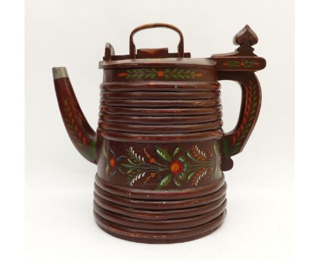 A Scandinavian Folk Art "Stonka" water jug, early 20th Century, hand painted with floral details and wooden beading, working 