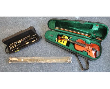 A students Stentor Music co. ltd violin, with bow, in fitted case, together with a cased Jollysun flute and an Ingtermusic Ri