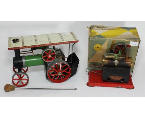 A Mamod steam tractor engine and a boxed Mamod MM2 stationary steam engine 
