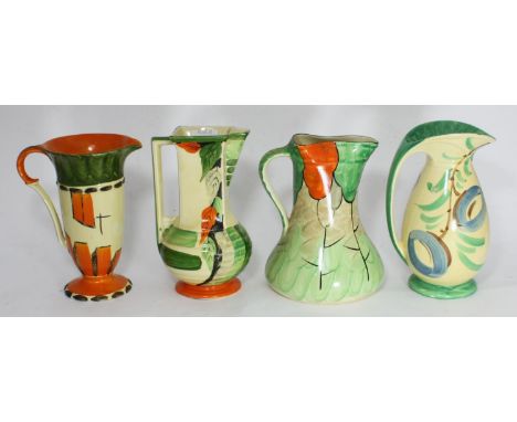 Four assorted Myott. Son &amp; Co Art Deco jugs including a Chicken neck example with floral painted decoration and a pinch n