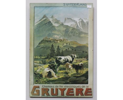 After A. Reckziegel, Swiss travel poster for Gruyere, depicting cows in mountain landscape, (CMYK 4-spot colour print), 70x47