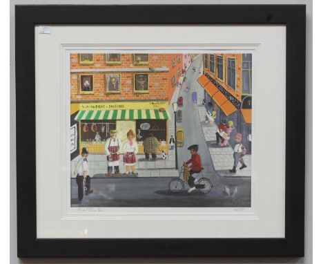 Noel Black.  Limited edition colour print of figures in a busy street, signed and numbered in pencil, 45x52cm, mounted and in