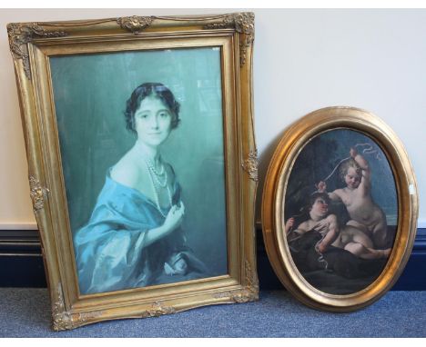 19th Century Italian School, two putto tying a ribbon around the neck of a young buck, unsigned, oil on canvas, (relined), in