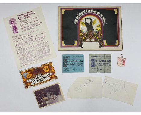 Isle of Wight festival memorabilia including ticket and flyer (1968) and program (1969) as well as two tickets from the 7th (