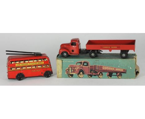 A boxed Chad Valley 'Wee-Kin' clockwork 'Commer-Hands' lorry, together with a Wells Brimtoy Distributors Ltd clockwork trolle